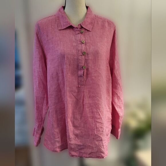 Sigrid Olsen Pink Linen Wood Button Popover Tunic - Picture 1 of 10